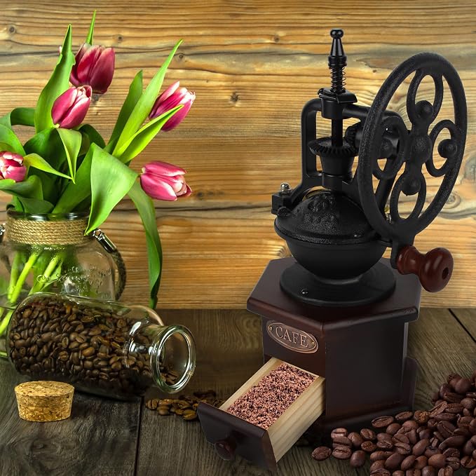 Coffee Grinder, Wooden Manual, Brown, Six Deformation Base | Cast Iron Hand Crank, Antique Coffee Mill, Roller Design, For Mesh Coffee, Decoration & Gift
