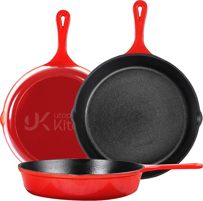 Utopia Kitchen Cast Iron Skillet Set 3 Piece 6 8 10 Inch PFAS-Free Red | Chef Pan, Even Heat Distribution, Stovetop, Campfire and Grill Safe, Large Skillet Set, Indoor Outdoor Use