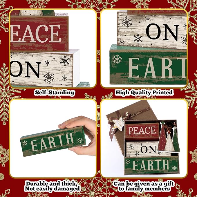 Lineshading 4 Pcs Christmas Table Decoration Wooden Christmas Tree Signs | Stackable Wooden Signs with Tree Topper for Tiered Tray, Rustic Tabletop Mantel Decor, Farmhouse Holiday Gift Accent