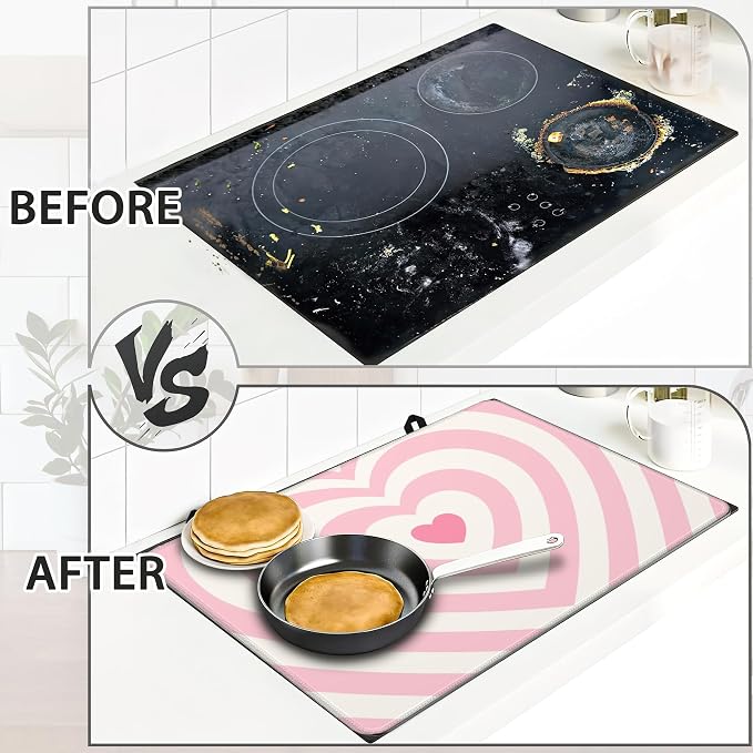 Electric Stove Top Cover Protector – Pink Love Heart Glass Flat Top Stove Mat Oven Induction Cooktop Mat for Ceramic Countertop Mats Heat-Resistant Dish Drying Mat