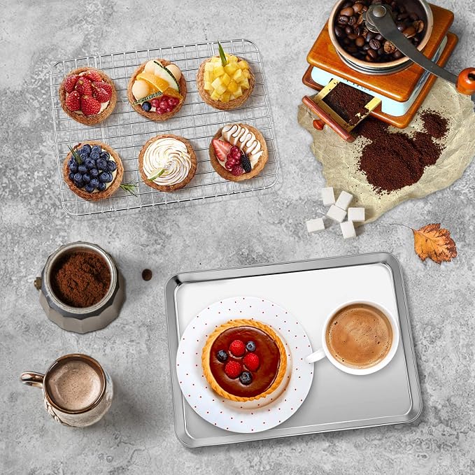 P&P CHEF 10.4 Inch Toaster Oven Pan Tray with Wire Rack, 4 PCS | Baking Sheet Pan + Cooling Rack for Cooking/Roasting, Dishwasher Safe & Rust Free, Non-toxic & Sturdy