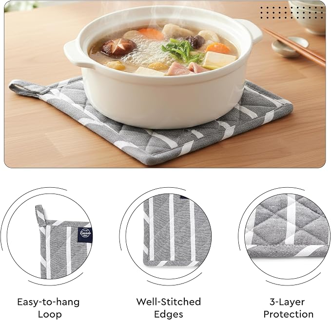 Encasa XO Oven Mitts and Pot Holders Set, Heat Resistant Cotton | Roma Grey Stripes, Diamond Quilted | Non-Slip Grip | Microwave & Oven Safe | Hanging Loop | Machine Washable | Set of 2