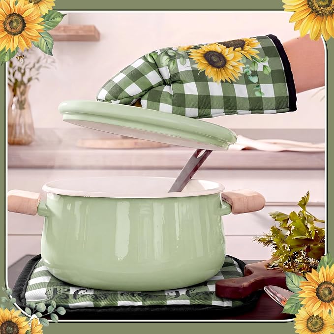 Leinuosen 8 Pcs Sunflower Green and White Checkered Kitchen Towels and Dishcloths Sets Pot Holders and Oven Mitts Sets Absorbent Kitchen Gloves Potholders Heat Resistant for Chef Baking Cooking