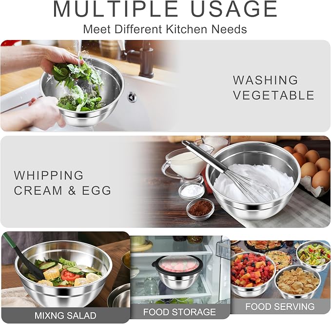 HaWare Mixing Bowls with Airtight Clear Lids, 6-Piece Nesting Bowls Set | Stainless Steel Salad Bowl for Cooking, Prepping, Baking, Serving & Food Storage, Size 4.6, 3, 1.5QT, Black