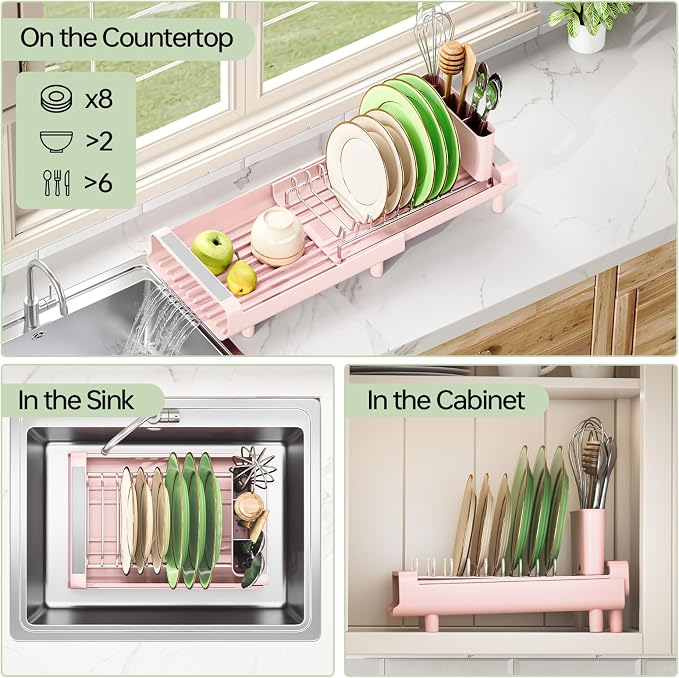 TOOLF Small Dish Drying Rack, Expandable and Space-Saving, Pink | Mini Dish racks for kitchen counter, Compact Design Fits Sink or Counter, Stainless Steel Plate Rack, 11"-19.3"L×7.7"W×3.54"H