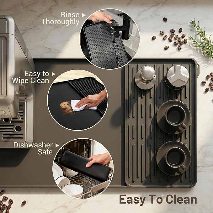 Silicone Coffee Mat for Countertop, 24x16 inch Heat Resistant Espresso Machine Mat, Non-Slip Coffee Bar Mat with Detachable Drying Area and Raised Edge, Waterproof Station Pad - Black