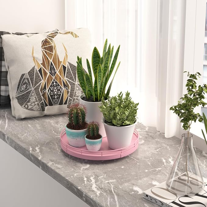 Oroyutor 9-Inch Oak Lazy Susan Decorative Tray, Pink Finish | Rotating oak tray organizes spices, toiletries and decor on kitchen counters, bathroom vanities, dining and coffee tables.