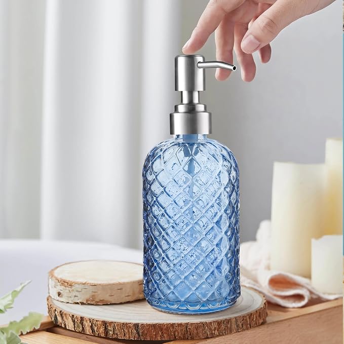 Kaishun 14 OZ Refillable Glass Soap Dispenser for Hand Soap & Lotion, Blue