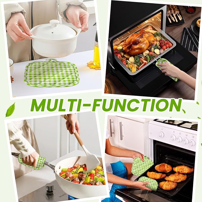 4pcs Pot Holders for Kitchen, Cotton Kitchen Hot Pads, Heat Resistant Oven Mitts and Pot Holders Sets (Green Tartan)