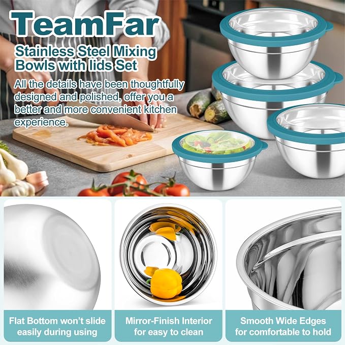 TeamFar Mixing Bowls Set, 4.5/3/1.5/1/0.7 QT Salad Bowl with Lid, Dark Blue | Stainless Steel Nesting Bowls with Visible Airtight Lids, For Serving/ Mixing/ Storing, Non-Toxic & Dishwasher Safe, Set of 5