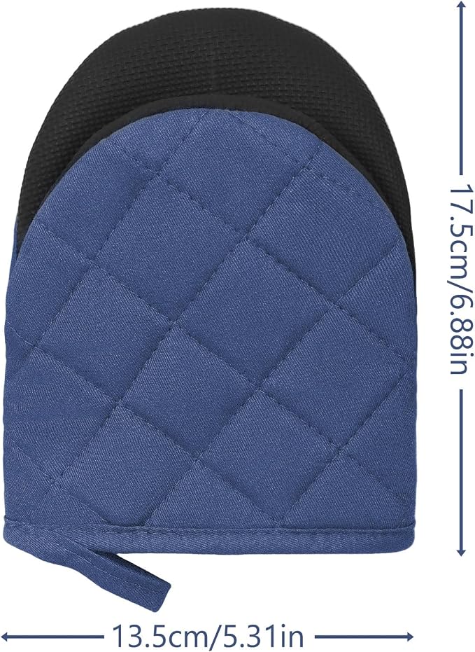 Goldmeet Mini Oven Mitts 2-Pack, 7"x5.5", 500°F Silicone Grip, Denim Blue | Non-Slip, Heat Resistant, Machine Washable, Hanging Loop, Fits Small Hands, for Baking Grilling BBQ Cooking