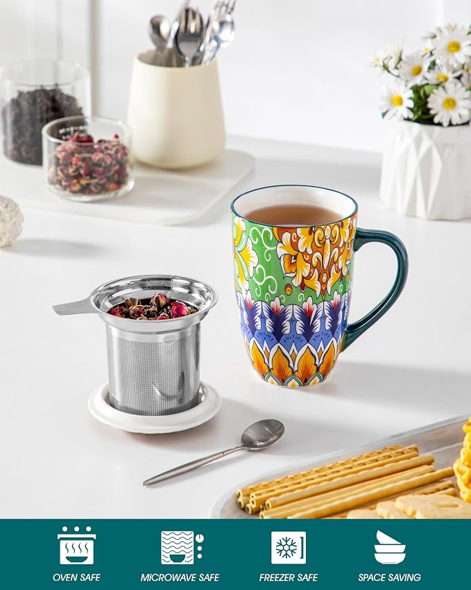 vancasso Ceramic Tea Mug with Infuser and Lid, 18 Ounce Bohemian Loose Leaf Cup, Microwave & Dishwasher Safe, Perfect for Tea, Coffee, Lime-Green Fiesta