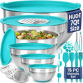 Stainless Steel Mixing Bowls with Lids Set - Premium 30Pcs with 6pc Metal Bowl Set for Kitchen, 3 Graters, Airtight Lids, Non-Slip Bases & Silicone Utensils, Turquoise