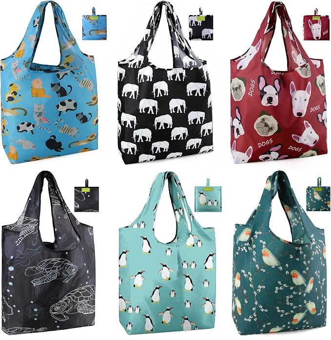 BeeGreen Animal Reusable Shopping Bags Cute Grocery Bag 6 Pack, Christmas Gift Bags Heavy-Duty Foldable Shopping Totes for Supermarket, Work & Travel, Large Washable Polyester Tote Bag with Handles