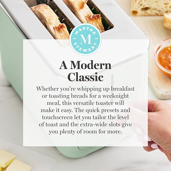 Martha Stewart 2-Slice Toaster, 3 Presets & 10 Shade Settings, Honeydew | Gluten-Free, Bagels, Extra-Wide Self Centering Slots, Waffles & Artisan Bread, Shade Memory, Cord Wrap & Removable Crumb Tray