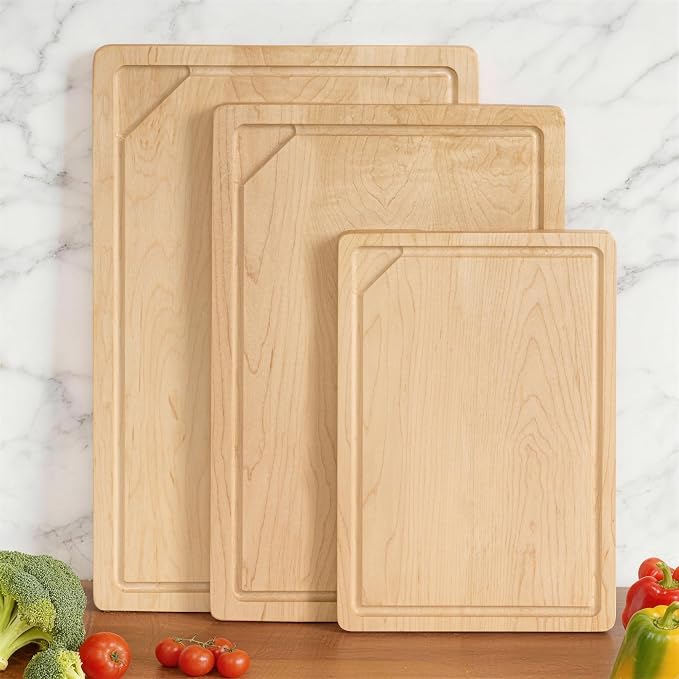 USA-Sourced Maple Wood Cutting Board for Kitchen (12”x8”x0.8”) Pre-Oiled Wooden Chopping Board, Maple Wood Grain Reversible Butcher Block with Juice Groove & Handlers