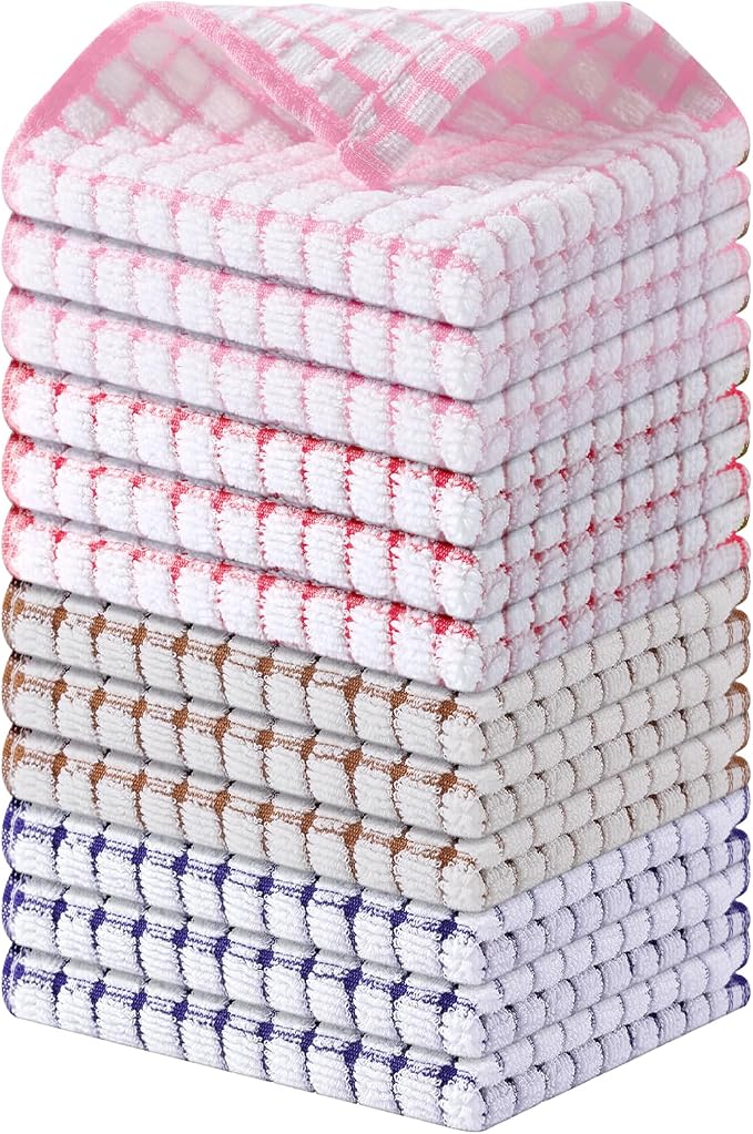 Kitinjoy Cotton 12 Pack Terry Kitchen Dish Cloths, Mix Colour | 12 x 12 Inches Super Soft and Absorbent Dish Rags, Quick Drying Dish towels for Washing Dishes
