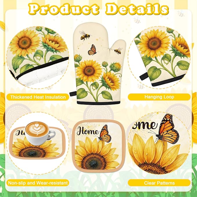 Tieshankao 10Pcs Sunflower Kitchen Decor Accessories Set | Yellow Sunflower Floral Theme, Kitchen Towels, Oven Mitts, Pot Holders, Rugs and Mats, Baking Supplies, Housewarming Gifts