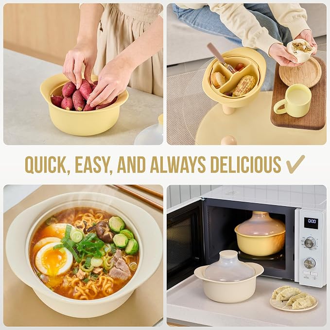48oz Platinum Silicone 3 Compartmented Microwave Steamer Pot with Handle & Lid - Korean 100% Food-Grade Steamer Bowl, Heat-Resistant Cooker with Steam Holes, Easy Clean, Dishwasher Safe, Ivory