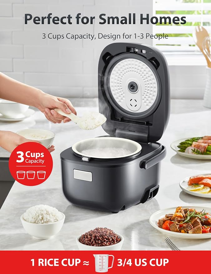 TOSHIBA Small Rice Cooker, 3-Cup Uncooked, for 1-3 People, LCD Display, 8 Cooking Functions, Nonstick Inner Pot, Grey