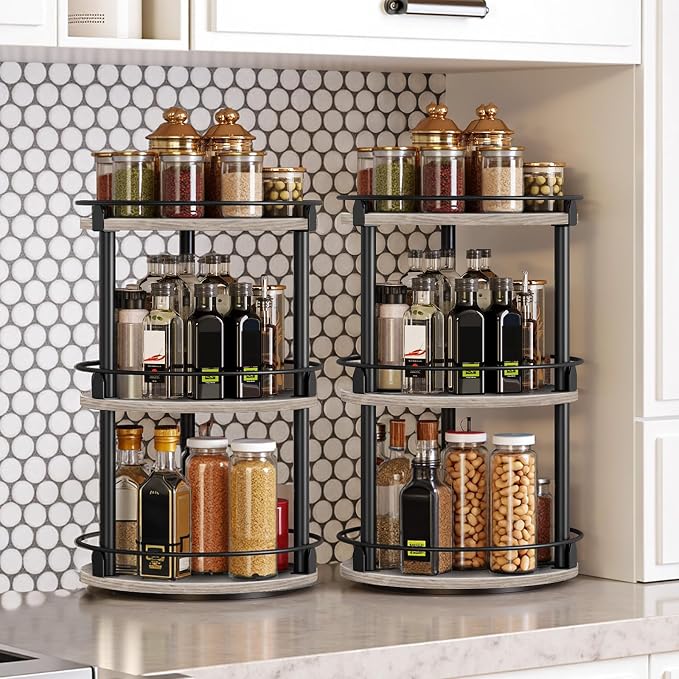 Spice Rack, Set of 2 Lazy Susan Organizer, 3-Tier Turntable Organizer, Rotating Spice Rack Organizer For Cabinet, Compact and Versatile, Greige and Black SR23L2BG