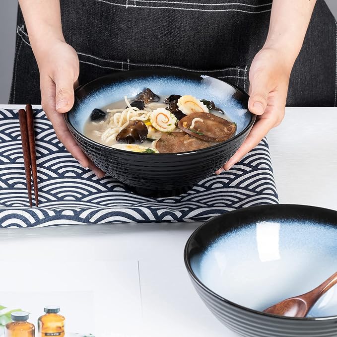 Ceramic Japanese Ramen Bowl Set, 2 Sets Asian Pho Udon Soup Noodle Bowls with Spoons and Chopsticks (Black/Blue, 8 inches)