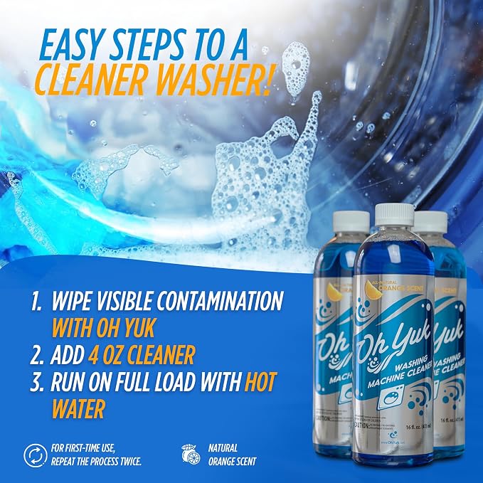 Oh Yuk Washing Machine Cleaner for HE & Non-HE Washers, Septic Safe, 16oz | Cleans Top & Front Load Washers, 4 Cleanings per Bottle, Removes Odor-Causing Buildup, Natural Citrus Scent, Septic Safe