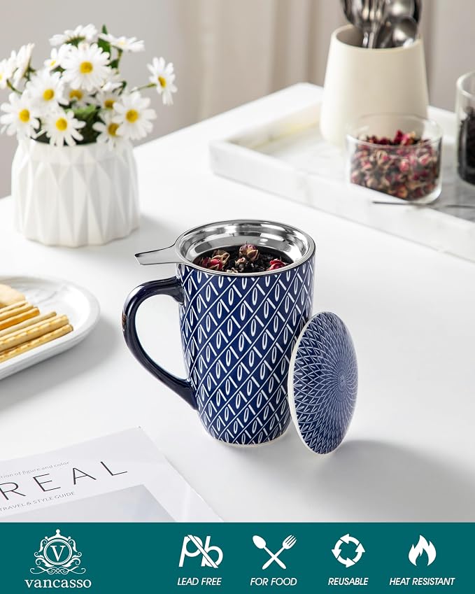 vancasso SELENE Porcelain Tea Mug, 18 oz Porcelain Tea Cup with Infuser and Lid Steeps Loose Leaf Tea, Microwave & Dishwasher Safe, Geometric Weave