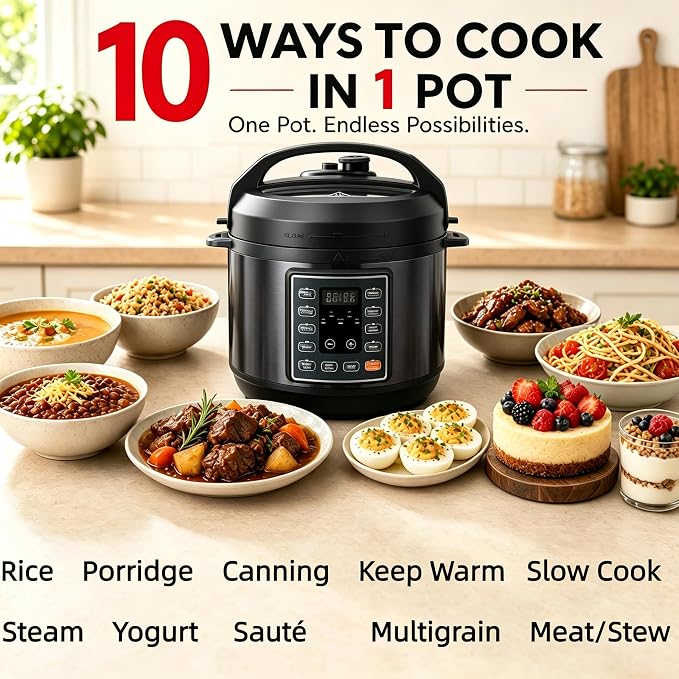 Simple Deluxe 10-In-1 Electric Pressure Cooker, 3QT Instant Multi Cooker, Olla de Presion Nonstick Pot 3 Quarts for Slow Cook, Rice Cook, Steam, Sauté, Canning, Yogurt Maker, Warm, Black