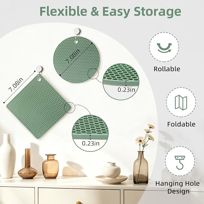 TWTLi Silicone Trivets for Hot Dishes, Set of 4 Trivet Mats, Heat Resistant Hot Pads for Kitchen Countertops, Non-Slip Honeycomb Pot Holders & Counter Protectors for Hot Pots & Pans (Green)