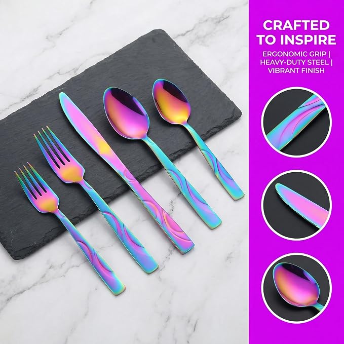 30-Piece Rainbow Silverware Set for 6 | Grade 430 Stainless Steel Colorful Flatware Set, Cutlery Set Service for 6, including Fork Spoon and Knife, Dishwasher Safe