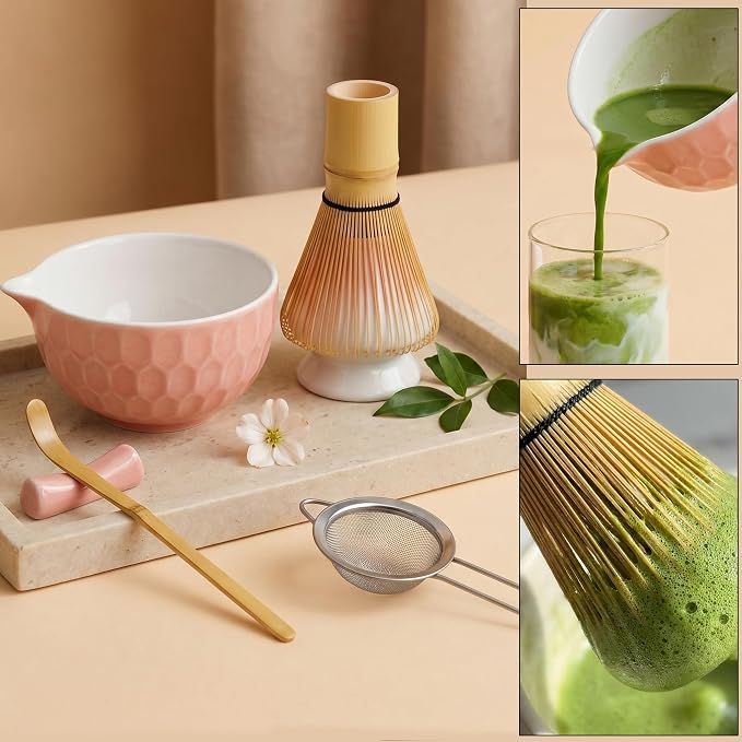 Matcha Whisk Set – Ceramic Matcha Bowl with Pour Spout, Bamboo Whisk, Whisk Holder, Scoop, Sifter – Japanese Matcha Kit for Beginners (Pink)