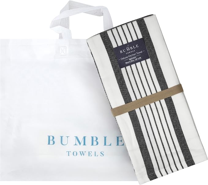 Premium Kitchen Towels 6 Pack 100% Cotton 20"x28" Dish Towels Black Striped | Large Flat & Terry Kitchen Linen Set with Hanging Loops, Highly Absorbent for Washing and Drying Dishes