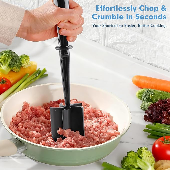 2-Pack Ground Beef Masher, Heat-Resistant Meat Masher with 5 Curved Blades | Non-Scratch Meat Tool for Hamburger & Potatoes (Black)