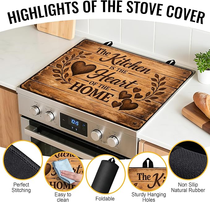 NYZE Stove Top Cover for Electric Glass Stove, 28" x 20" Flat Top Cooktop Protector, Electric Cooktop Cover, Rustic Kitchen Decorative Extra Counter Space for Kitchen
