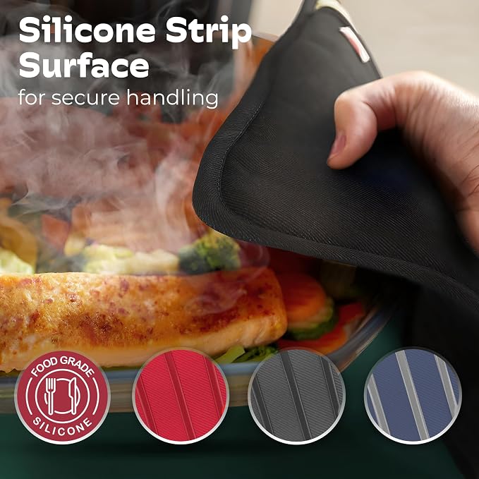 Silicone Pot Holders - Set of 2 Black - 10 x 6.75 - Heat Resistant to 536 F / 280 C Kitchen Protectors Hot Pans Baking Professional Grade Cooking Mitts