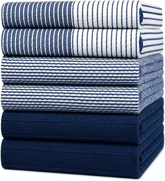 Premium Kitchen Towels 6 Pack 100% Cotton, 20"x28" Dish Towels - Navy Blue | Large Flat & Terry Kitchen Linen Set with Hanging Loops, Highly Absorbent for Washing and Drying Dishes