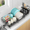 Large Dish Drying Rack, Expandable Dish Rack for Kitchen Counter, Dish Drainer with Drainboard Set, Multifunctional Dishrack with Utensil & Cup Holder, 13.4"-28.7" L x 11.8" W x 7.8" H, Black