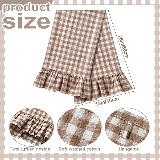 HunnmingRe 2 Pcs Taupe Gingham Kitchen Towels Cotton Ruffled | Checked Dish Towels 18"x28" Tea Cloths Plaid Cottage Core Kitchen Decor for Farmhouse Charm Drying Dishes Entertaining Guests