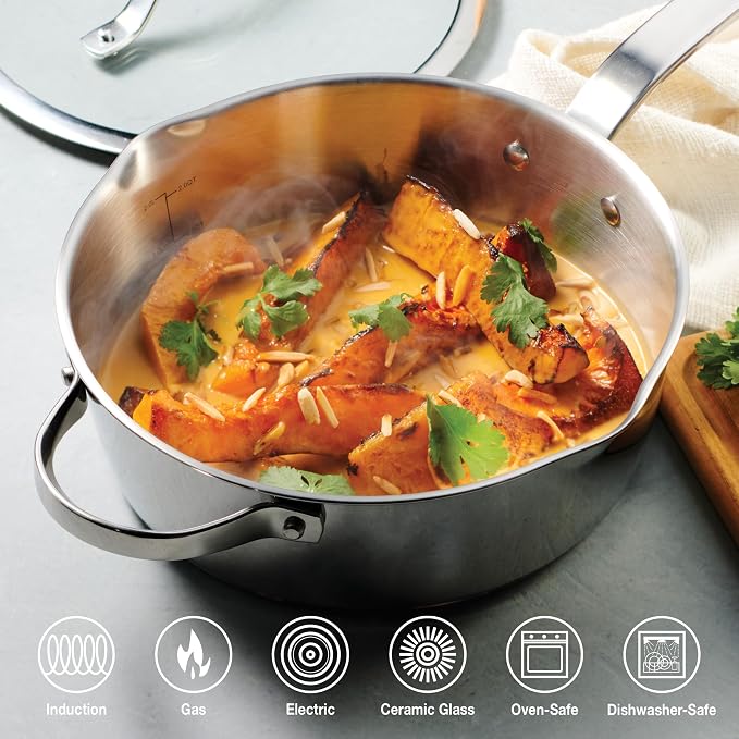 Tramontina Tempo Tri-Ply Base Stainless Steel 3.5-Qt Saute Pan with Lid | Induction-Ready Cooking Pan, Oven-Safe, Dishwasher-Safe