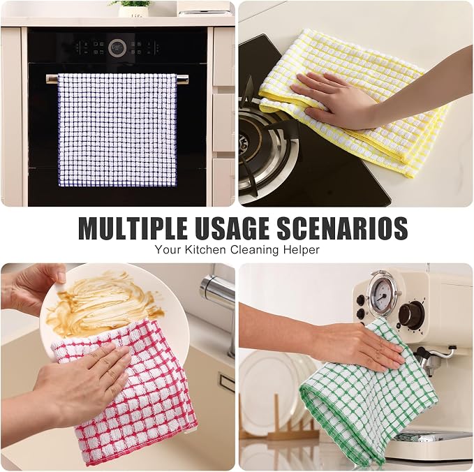 Mordimy Cotton 8 Pack Terry Kitchen Towels, 16 x 25 Inches | Super Soft and Absorbent Dish Towels, Quick Drying Hand Towels for Kitchen Drying, Blue/Yellow/Red/Green