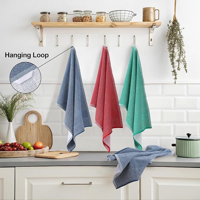 Mordimy Cotton Kitchen Towels (18"x 28", 6 Pack), Navy Blue/Red/Green | 100% Ring Spun Cotton, Super Absorbent, 380 GSM, Flat & Terry, Soft, Hanging Loop Dish Towels