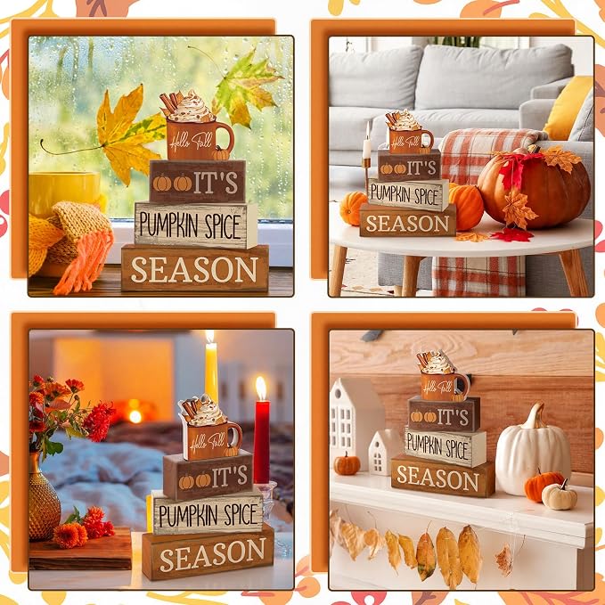 Lineshading 4 Pcs Wooden Fall Block Signs Pumpkin Spice Tabletop Decor | Rustic Farmhouse Stackable Design, Tiered Tray Displays, Coffee Table Centerpiece, Thanksgiving Seasonal Home Decor