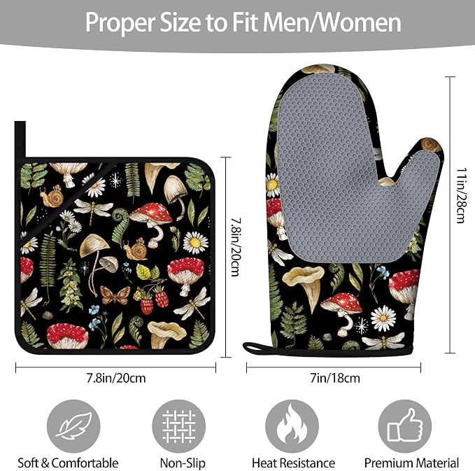 Mushroom Oven Mitts and Pot Holders Sets of 4 Heat Resistant Silicone Oven Mitts Gloves Non-Slip Kitchen Mittens Potholders for Cooking Baking Grilling BBQ