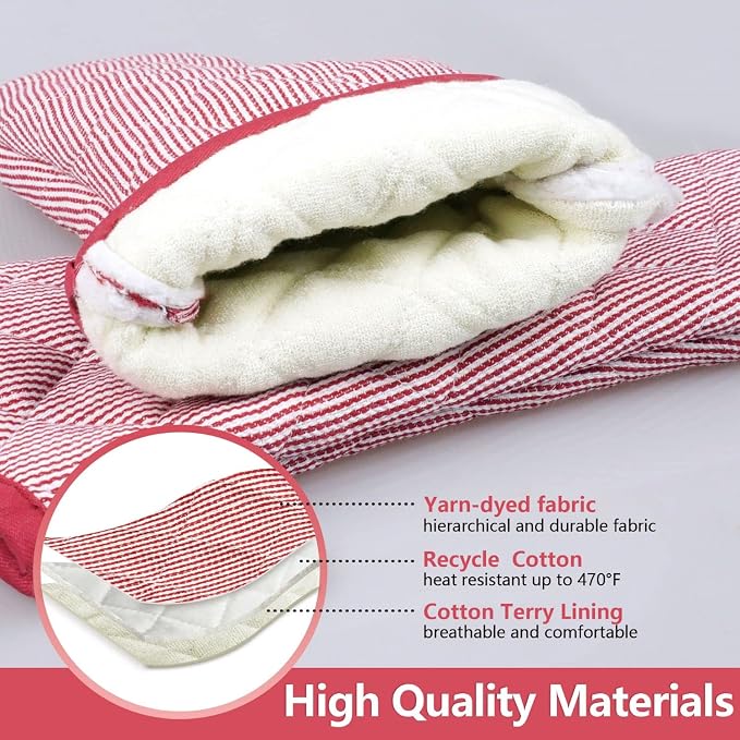 Yarn Dyed Oven Mitts 1 Pair， 100% Cotton Heat Resistant 470 Degree | Oven Gloves for Men Women Cooking Baking Barbecue BBQ Microwave Crafting Machine Washable Pot Holders Mittens (Red 2)