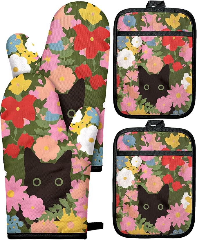 Miss Adola Cotton Oven Mitts and Pot Holders Sets, Floral Feline | Heat-resistant up to 350°F, Pure Cotton, Quilted Contact Surface, Stylish Design, with Hanging Loop, Ready to Gift Package