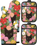 Miss Adola Cotton Oven Mitts and Pot Holders Sets, Floral Feline | Heat-resistant up to 350°F, Pure Cotton, Quilted Contact Surface, Stylish Design, with Hanging Loop, Ready to Gift Package
