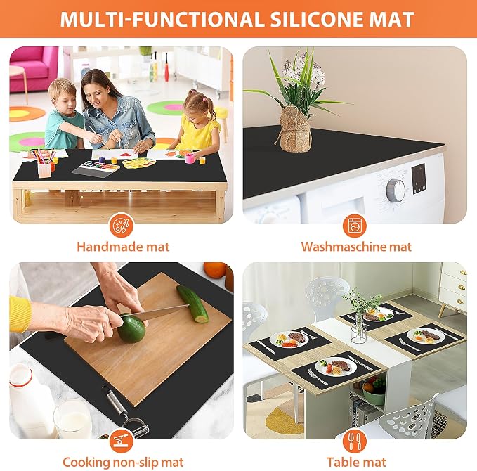 Silicone Mats for Kitchen Counter Heat Resistant Countertop Protector | 25'' X 17", Black | Non-Slip Table Mat Desk Saver Pad, Non-Stick Reusable Pastry Mat, Silicone Placemat, Craft Mat