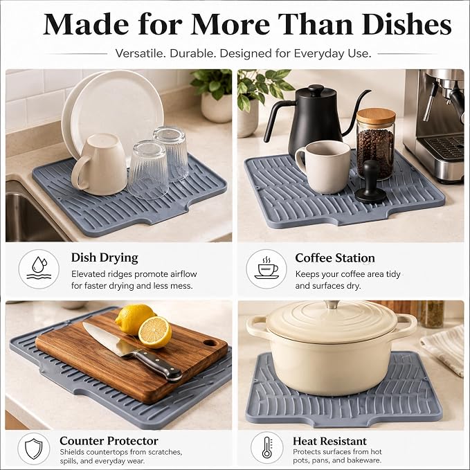 Silicone Dish Drying Mat with Drain Lip, 15.8 x 13 in, Gray | Raised ridges elevate dishes and create space for water to move across the silicone surface.