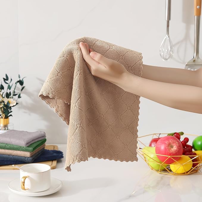 Homaxy Super Soft 12 Pack Kitchen Towels and Dishcloths Set, Tan | Ultra-Absorbent, 10 x 10 and 13 x 19 Inches, Coral Velvet, No Lint, Nonstick Oil, Fast Drying, Microfiber Cleaning Cloth